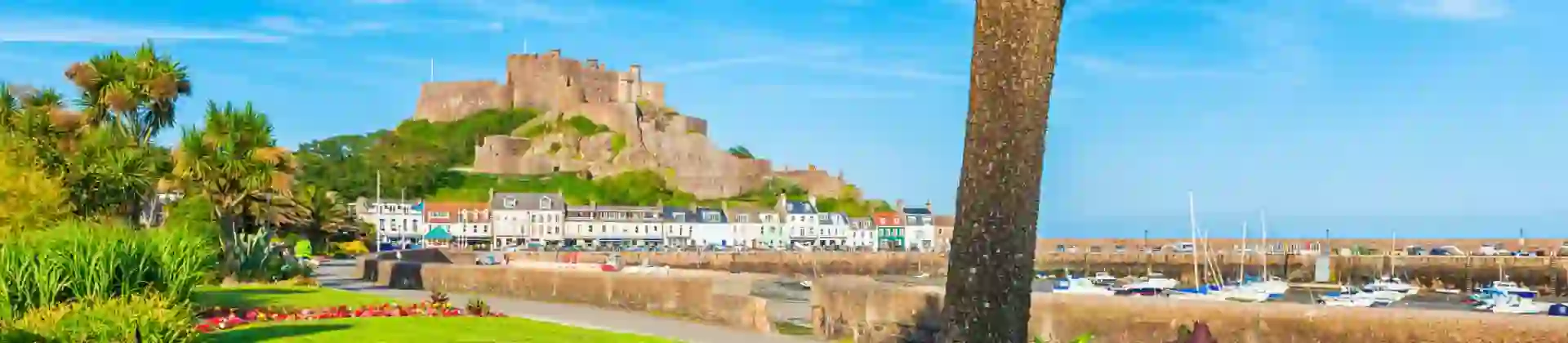 Long shot of Gorey Castle from the land, including a bed of orange and yellow flowers, a palm tree and grass in the forefront and the harbour and the houses next to it