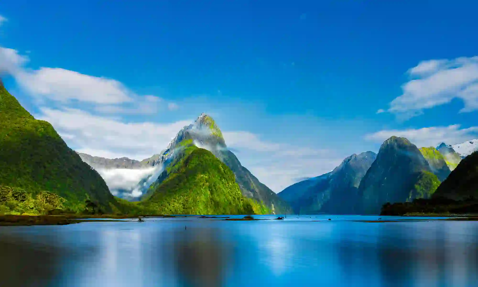 Scenic landscape of Milford Sound in New Zealand, featuring steep green cliffs, waterfalls, and calm fjord waters under a cloudy sky