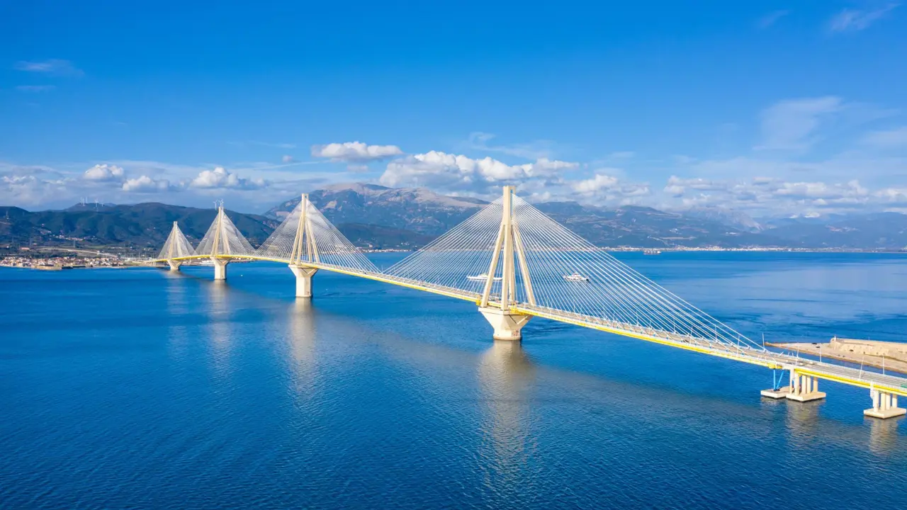 Rion Antirion Bridge crossing Gulf Of Corinth, Western Greece
