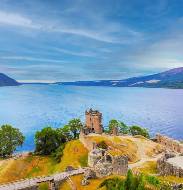 High angle shot of Loch Ness And Urquhart Castle