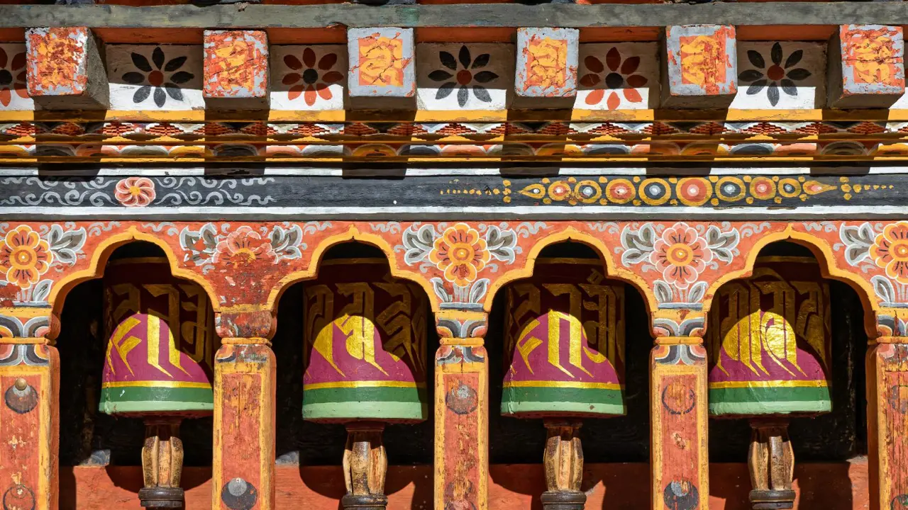 Prayer wheels, Rinpung Dzong, Paro, Bhutan