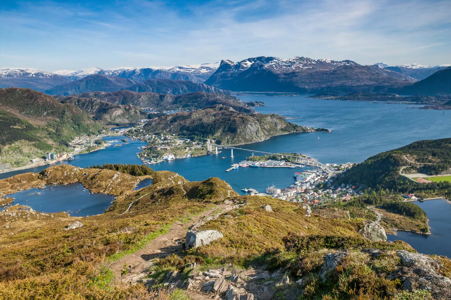 Aerial landscape view of the Norwegian city of Måløy