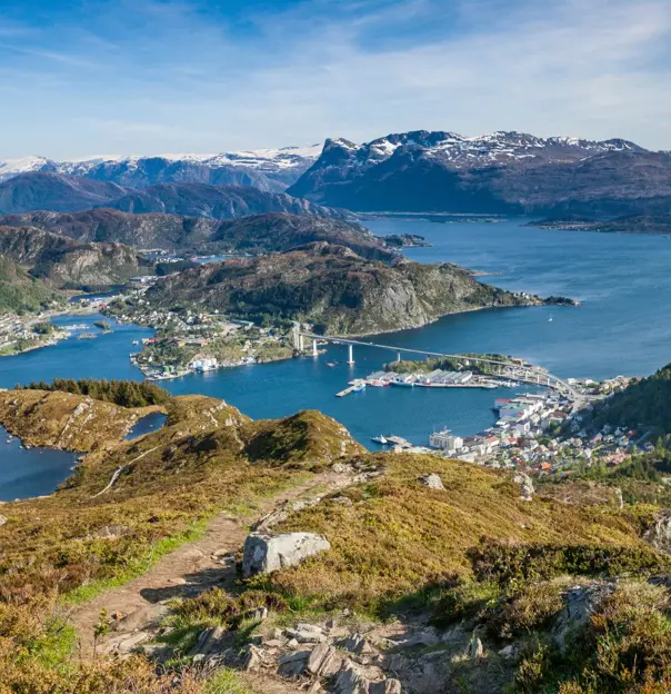 Aerial landscape view of the Norwegian city of Måløy