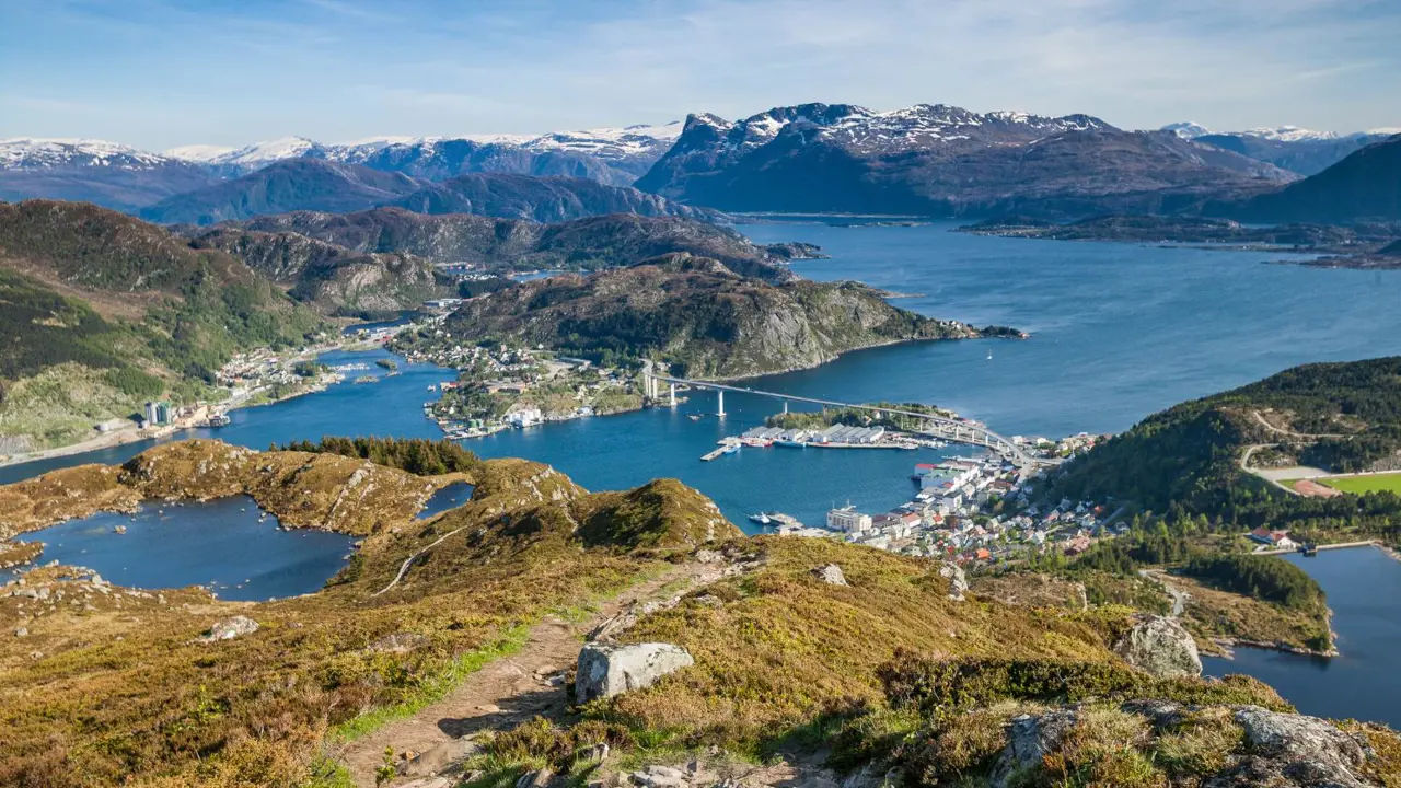 Aerial landscape view of the Norwegian city of Måløy