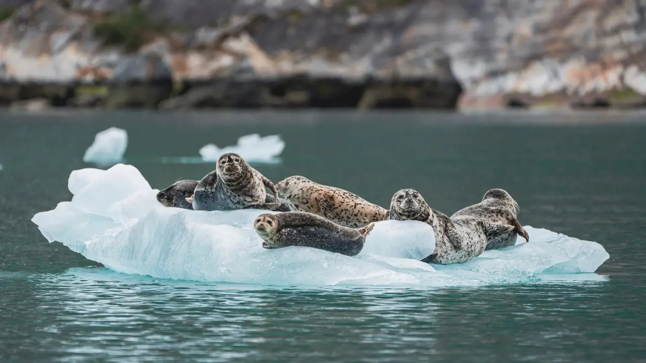 Harbour seals on floating iceberg, Alaska