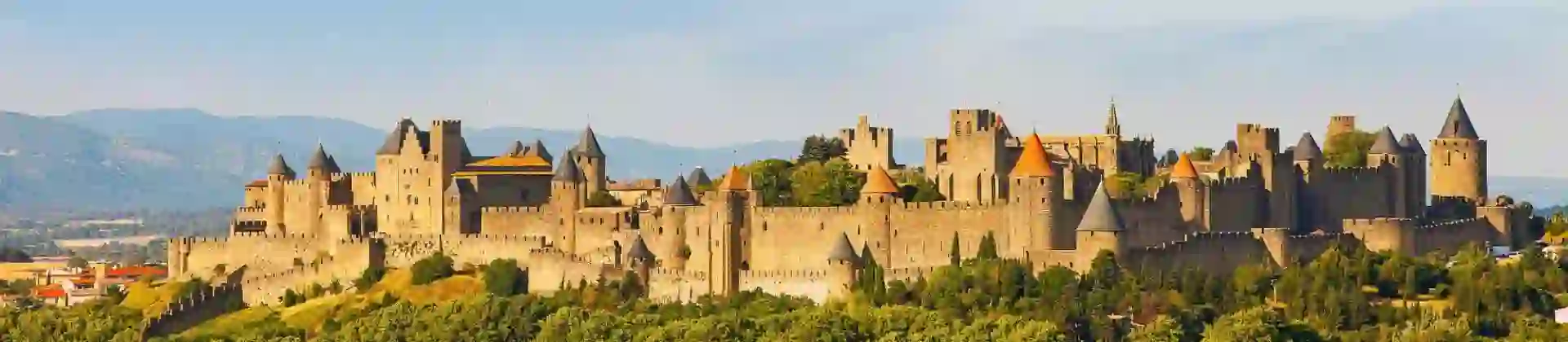 Wide view of the medieval Cité de Carcassonne fortress in France, surrounded by its historic stone walls and towers
