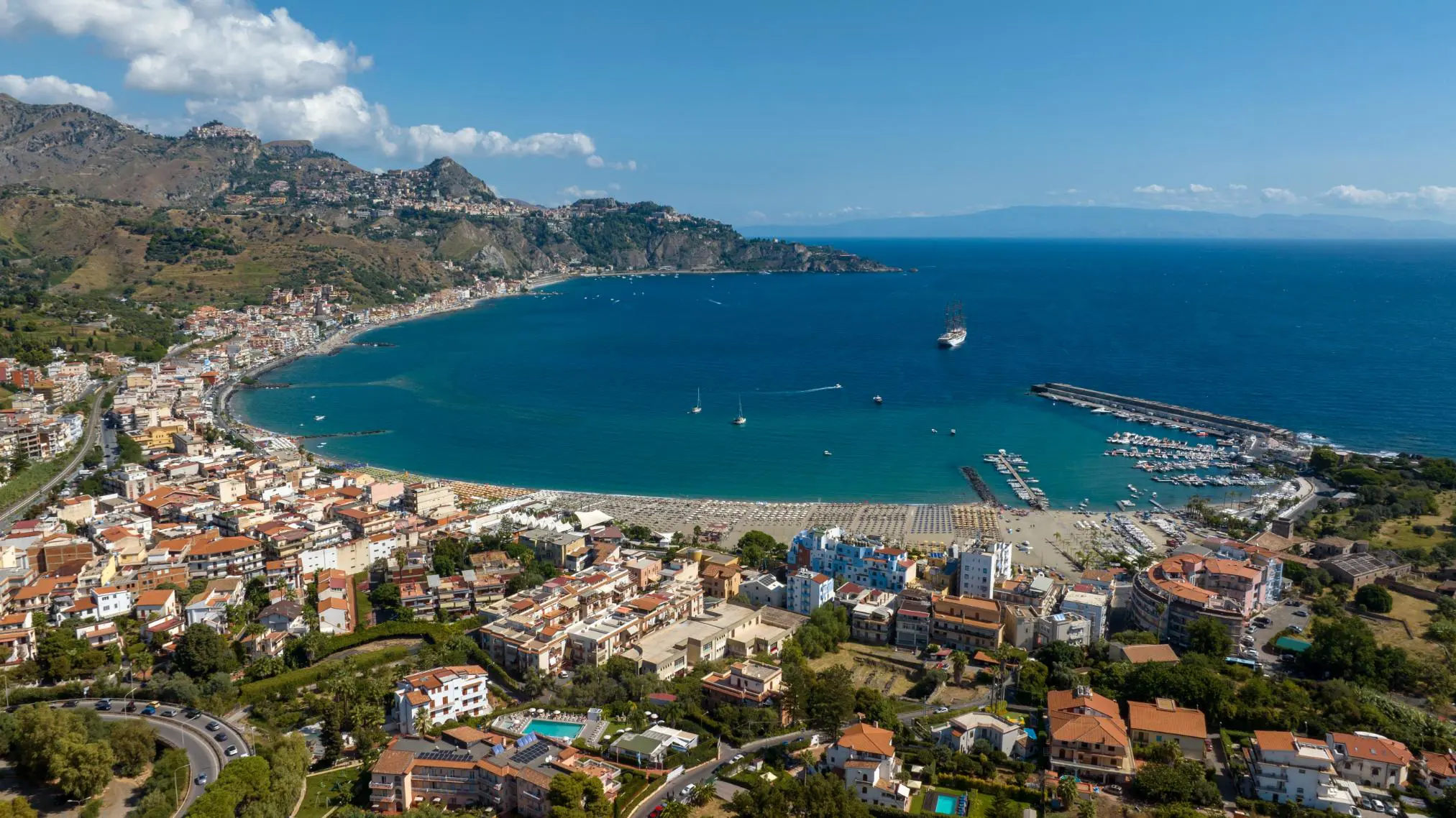 Aerial view of Giardini Naxos, Messina, Sicily, Italy