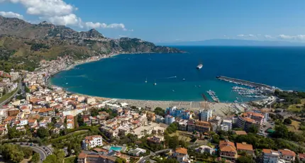 Aerial view of Giardini Naxos, Messina, Sicily, Italy