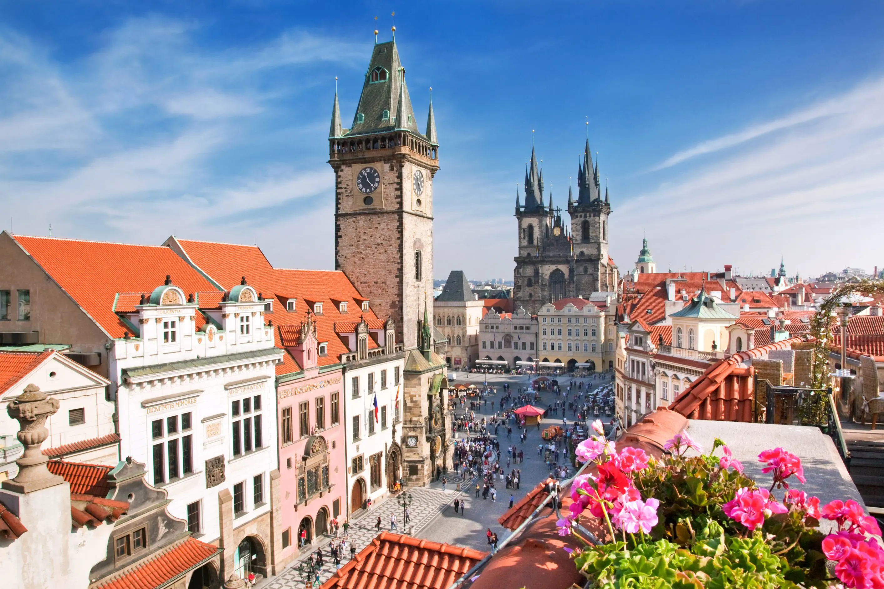 Old Town Square, Astronomical Clock and Týn  Church, Prague, Czech Republic