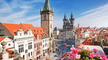 Old Town Square, Astronomical Clock and Týn  Church, Prague, Czech Republic