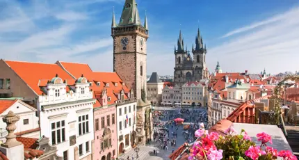 Old Town Square, Astronomical Clock and Týn  Church, Prague, Czech Republic