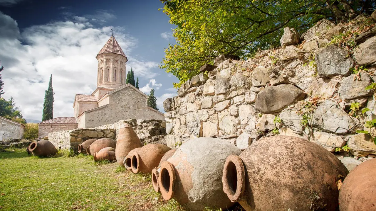 Traditional qvevri clay vessels for storing wine, Alazani Valley