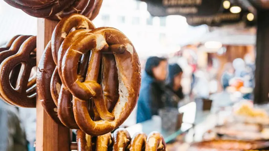 Traditional pretzels, called brezel, hanging on a market stall, Berlin