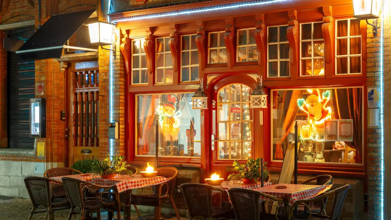 A festive cafe in the centre of Bruges, Belgium