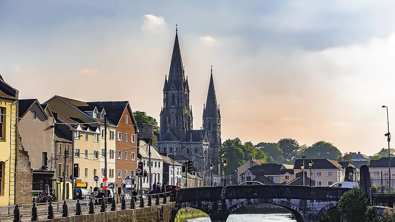 Bridge over Lee River and St Finn Barre's Cathedral, Cork, Ireland