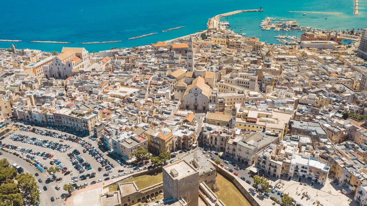Aerial View of Bari Old Town and Bari Cathedral (Saint Sabino), Puglia, Italy