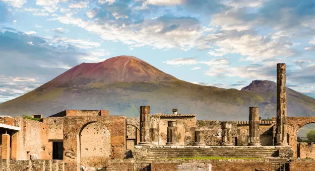 Pompeii ruins with Mt Vesuvius in the background