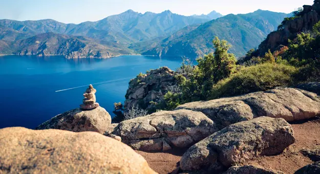 View of the sea with rocks in the forefront and a bush to the right. Mountains in the distance on the other side of the water