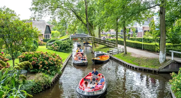 Boat on waterways of Giethoorn, Netherlands