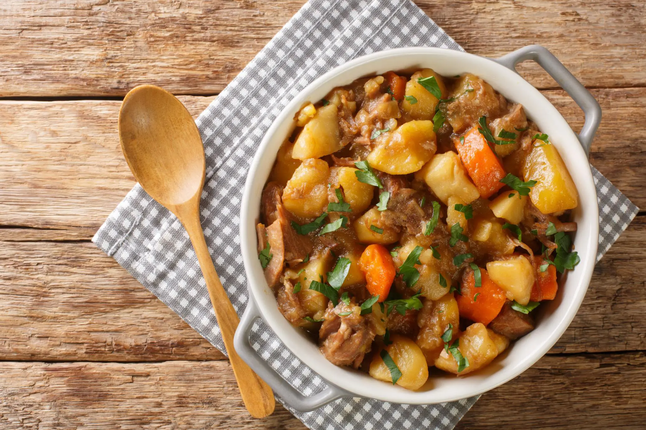 Scottish Stovie, traditional comfort food with potatoes, meat and other vegetables 