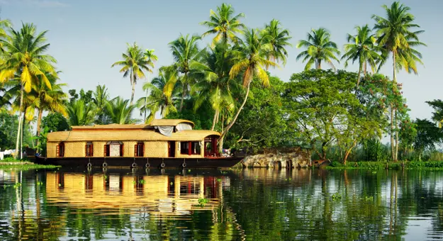 A light brown wicker houseboat on calm water in Kerala, with palm trees on the banks and clear blue skies overhead