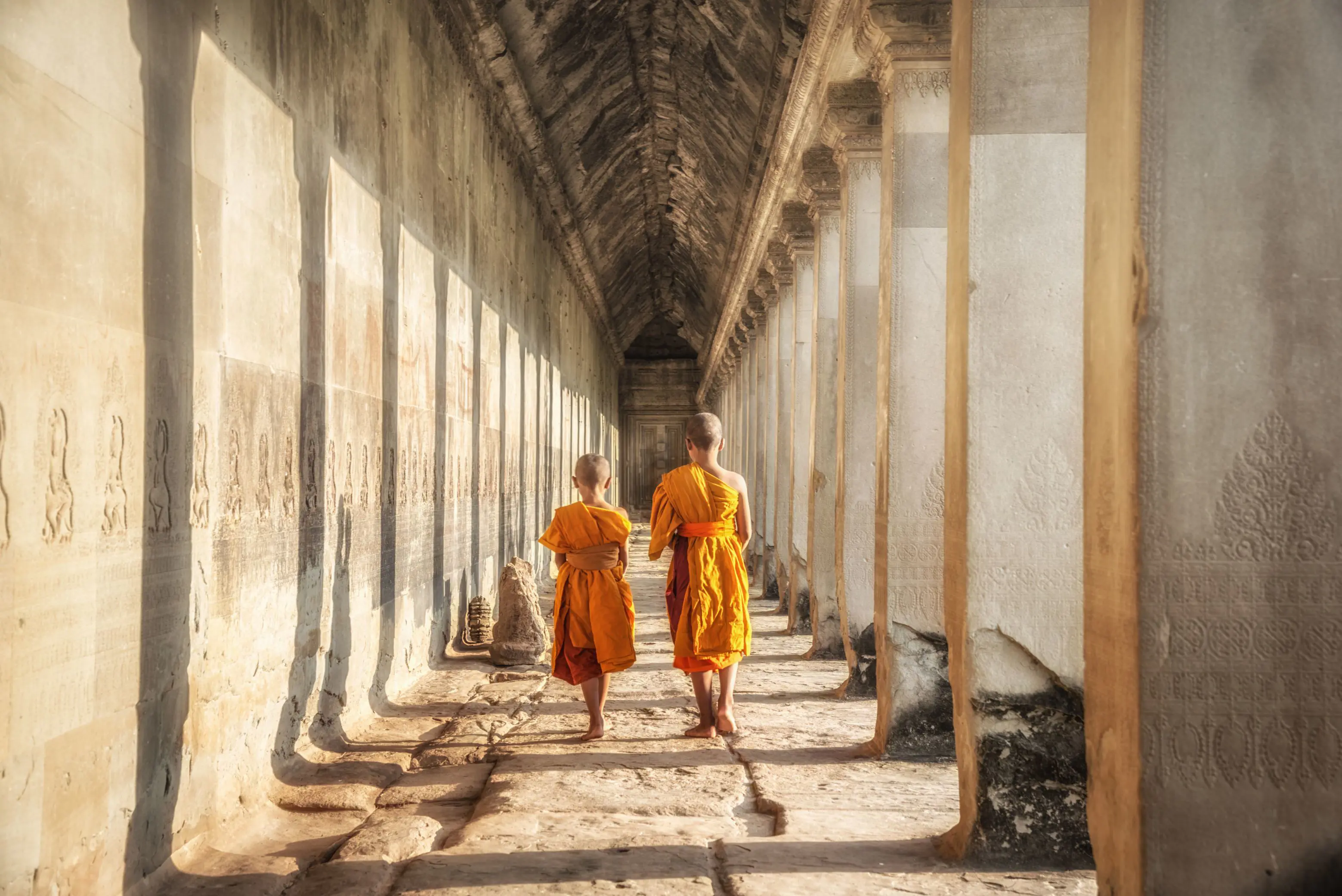 Two neophytes, novice Buddhist monks, Angkor Wat, Siem Reap, Cambodia