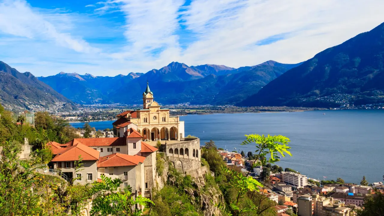 View of Madonna del Sasso Monastery and Lake Maggiore, Locarno, Switzerland