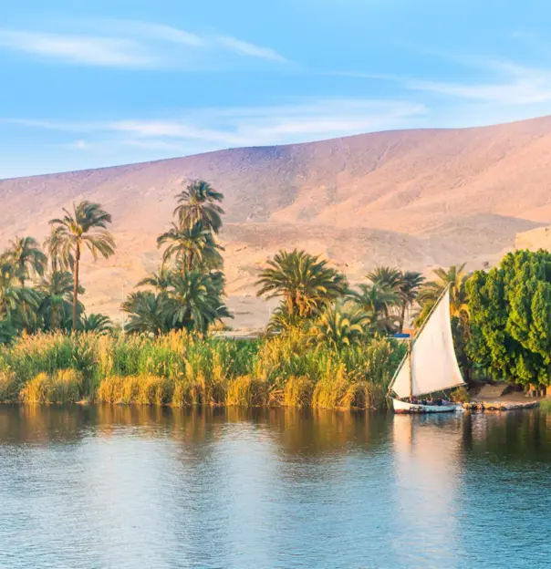 Traditional sailboat moored along the lush banks of the River Nile in Egypt, with tall palm trees and greenery in the foreground, and golden desert hills rising in the background under a blue sky