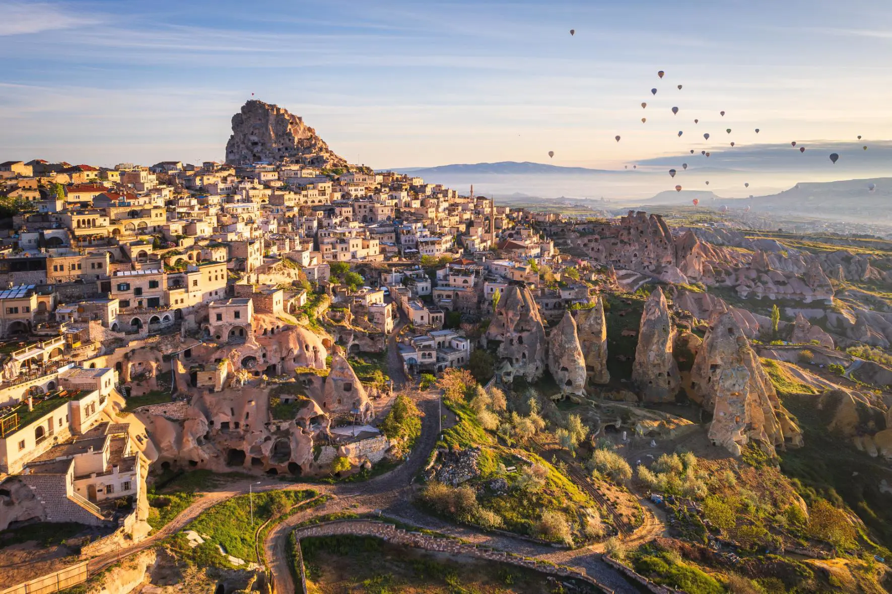 View to Uçhisar, a village in Cappadocia, in Nevşehir province, Turkey