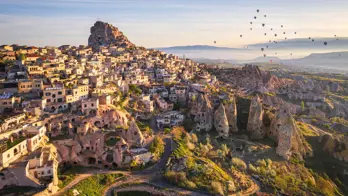 View to Uçhisar, a village in Cappadocia, in Nevşehir province, Turkey