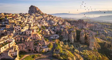 View to Uçhisar, a village in Cappadocia, in Nevşehir province, Turkey