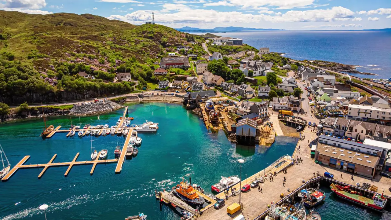 Aerial view of Mallaig port, Lochaber, West Highlands, Scotland