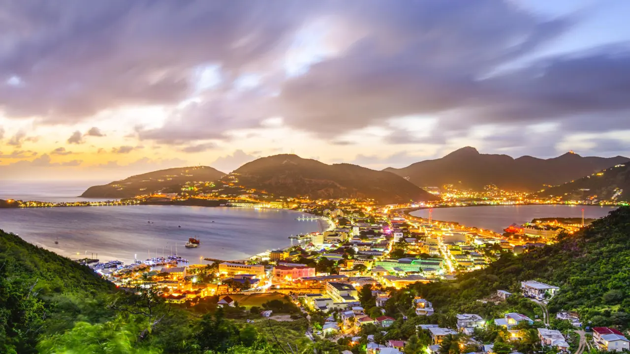 A cityscape of Philipsburg on the Caribbean island of Saint-Martin