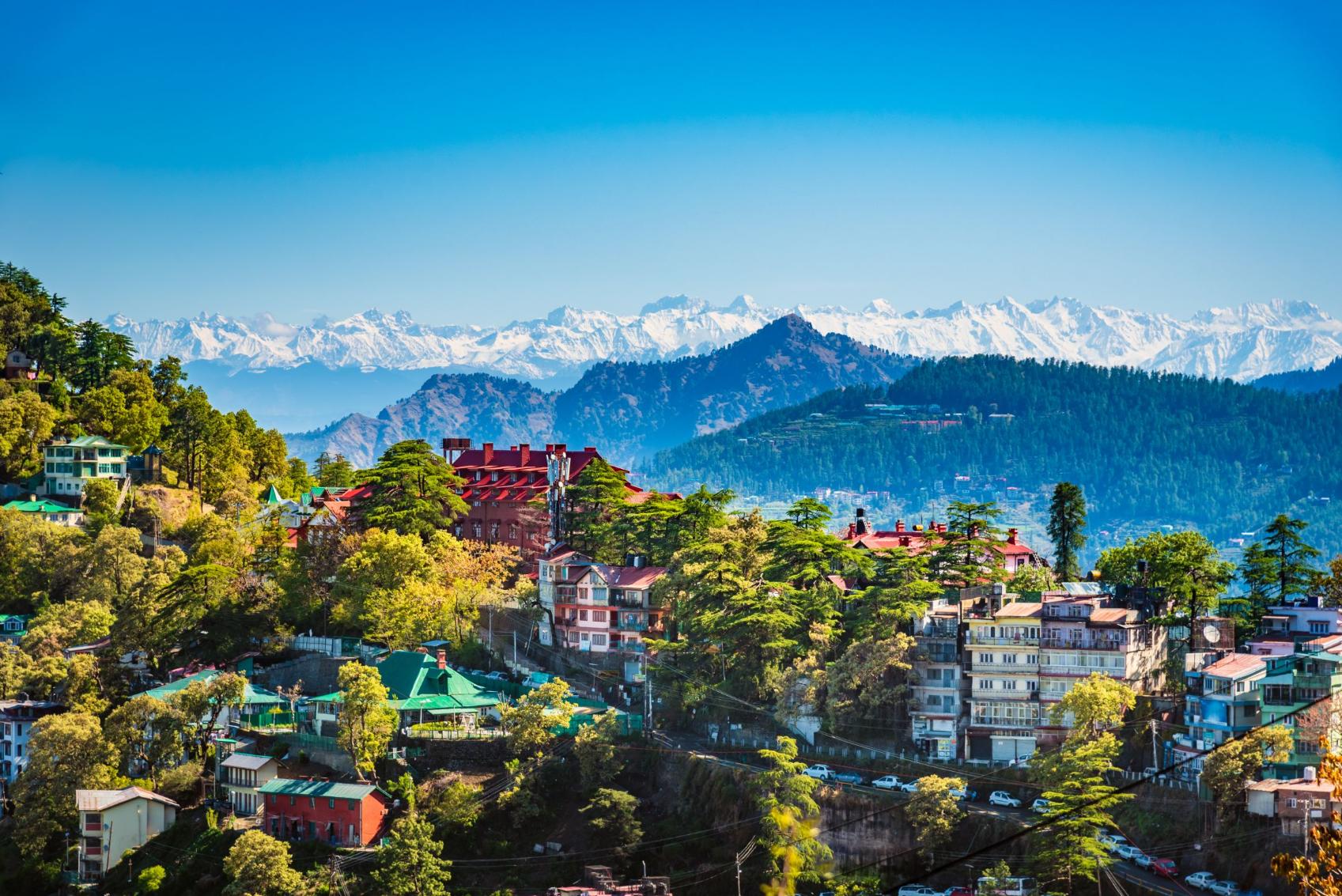 A panoramic view of Shimla, in the foothills of the Himalayas, with colourful hillside houses and pine forests set against the backdrop of snow-capped mountain peaks