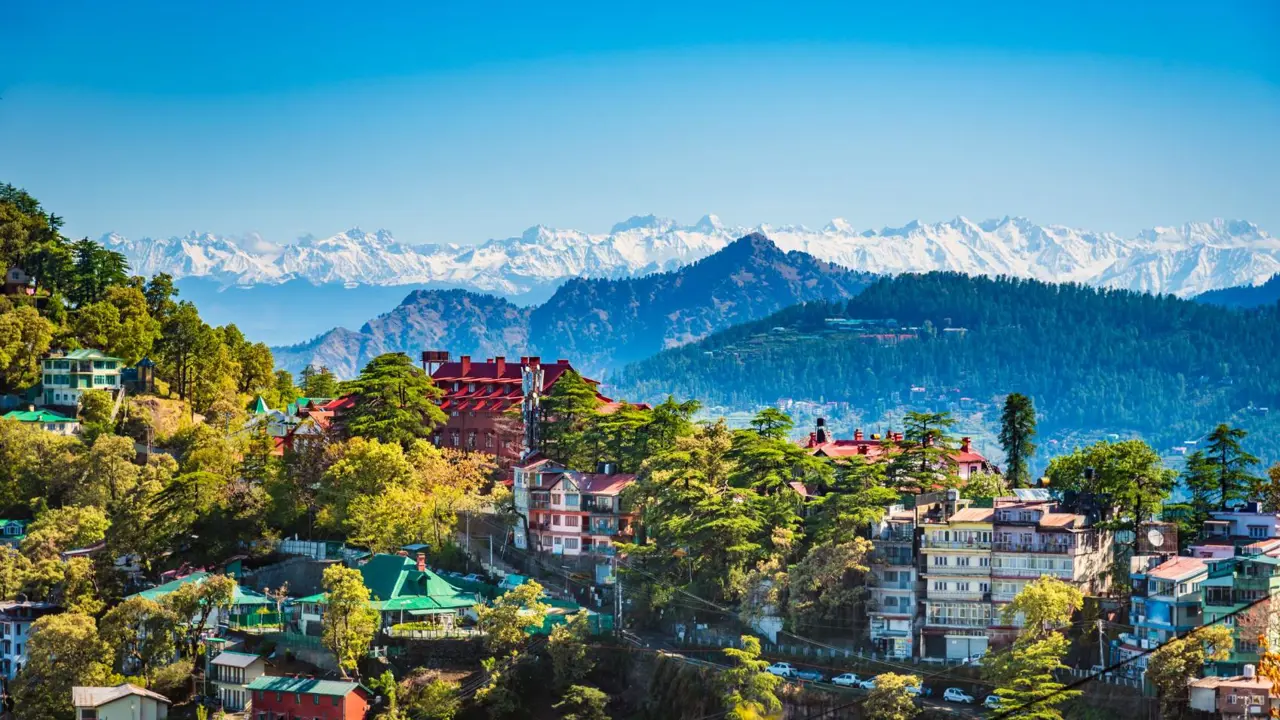 A panoramic view of Shimla, in the foothills of the Himalayas, with colourful hillside houses and pine forests set against the backdrop of snow-capped mountain peaks