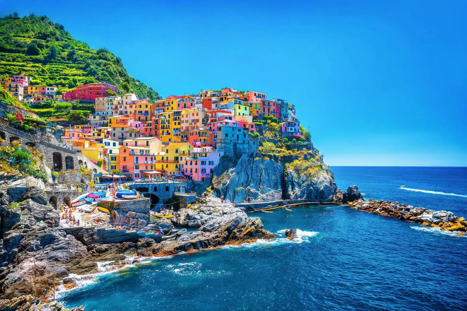 Colourful cliffside houses in Manarola in Cinque Terre, Italy, overlooking the sea