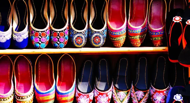 Handcrafted Indian footwear in a Delhi market