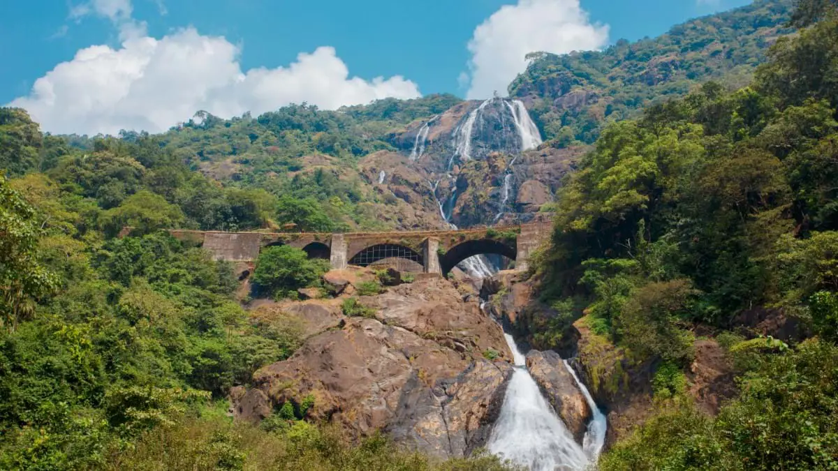 Dudhsagar waterfall and railroad bridge, Goa