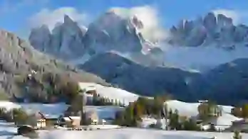 Dolomites in the snow in St Magdalena, Italy