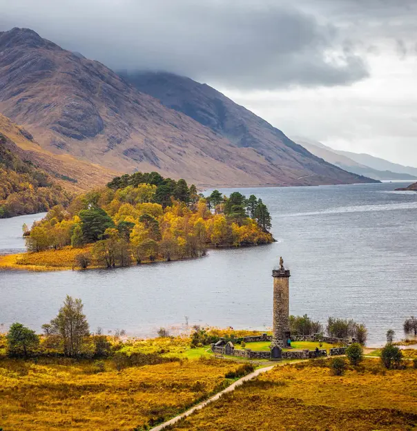View of the Scottish Highlands and Loch Shiel, with the Glennfinnan Monument in the forefront 