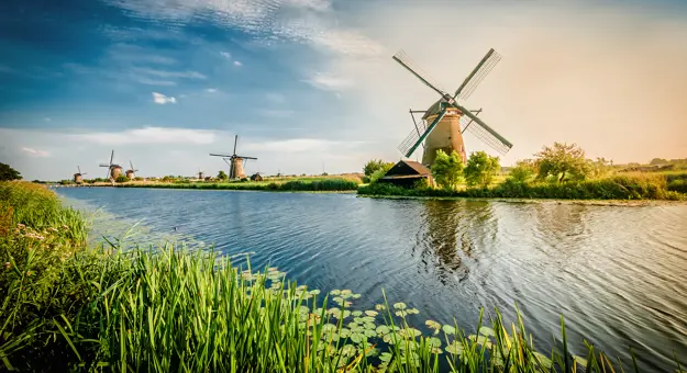 View of windmills and canal, Rotterdam