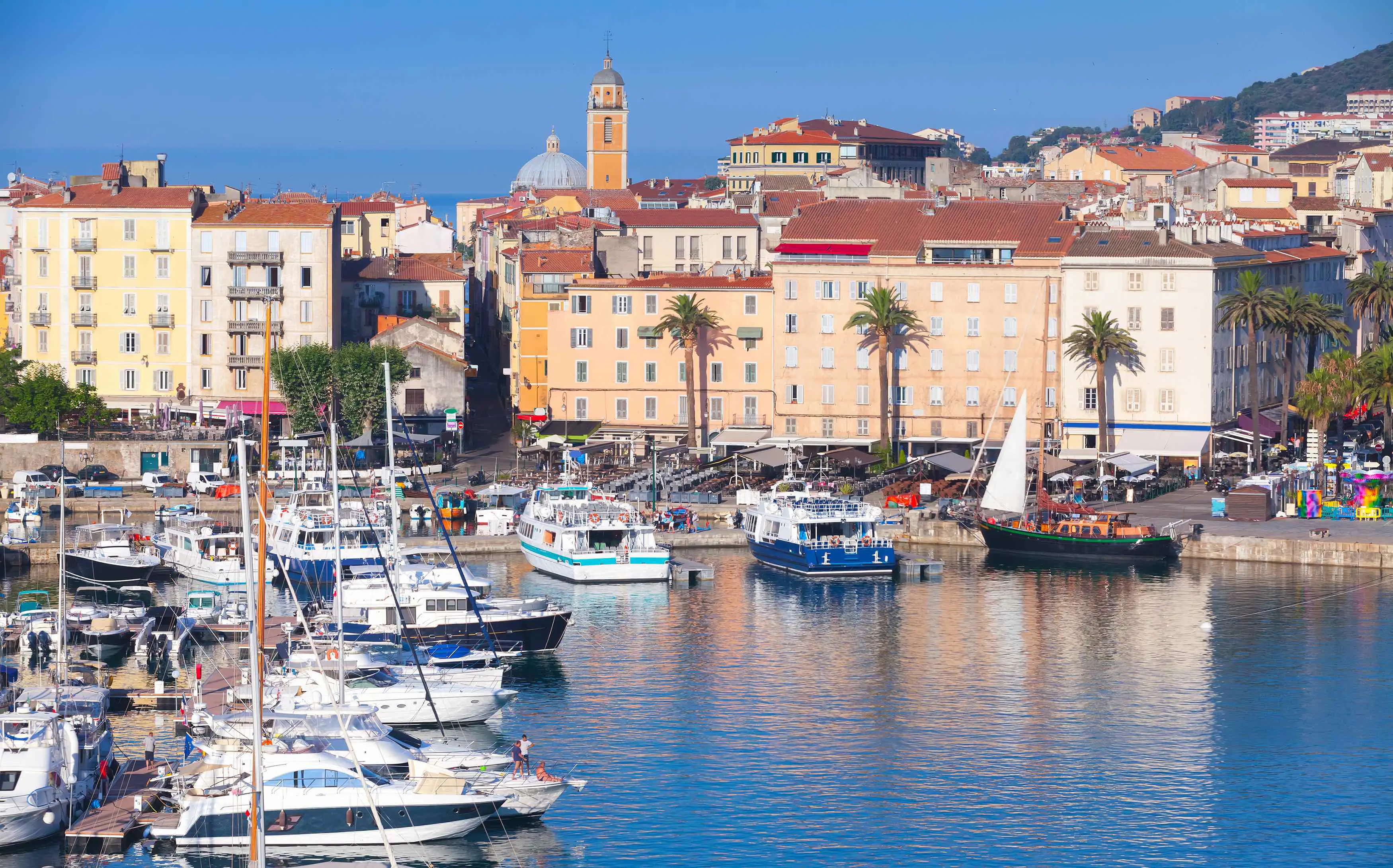 View of a harbour from the water, with boats docked to the left and by the land. Beige, cream and yellow buildings on the waterfront with palm trees infront of them. Behind, a slim tower poking out on top of the rest of the buildings, in front of a blue sky.