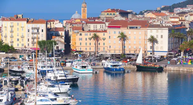 View of a harbour from the water, with boats docked to the left and by the land. Beige, cream and yellow buildings on the waterfront with palm trees infront of them. Behind, a slim tower poking out on top of the rest of the buildings, in front of a blue sky.