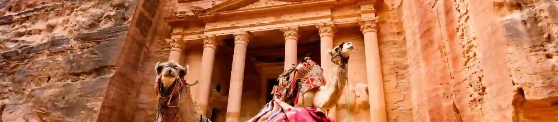 Two camels resting in front of the ancient rock-carved façade of Petra in Jordan, with sunlit sandstone cliffs rising behind