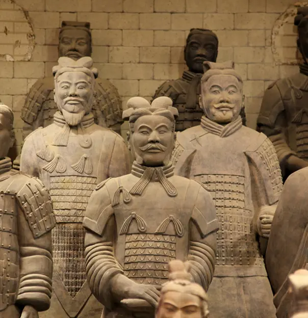 A detailed view of the Terracotta Army figures in armour, representing ancient Chinese soldiers in Xi’an, China