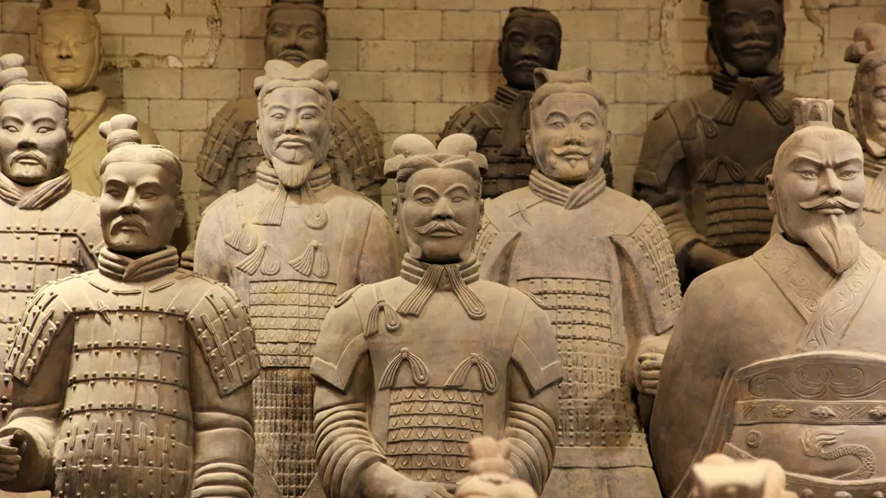 A detailed view of the Terracotta Army figures in armour, representing ancient Chinese soldiers in Xi’an, China