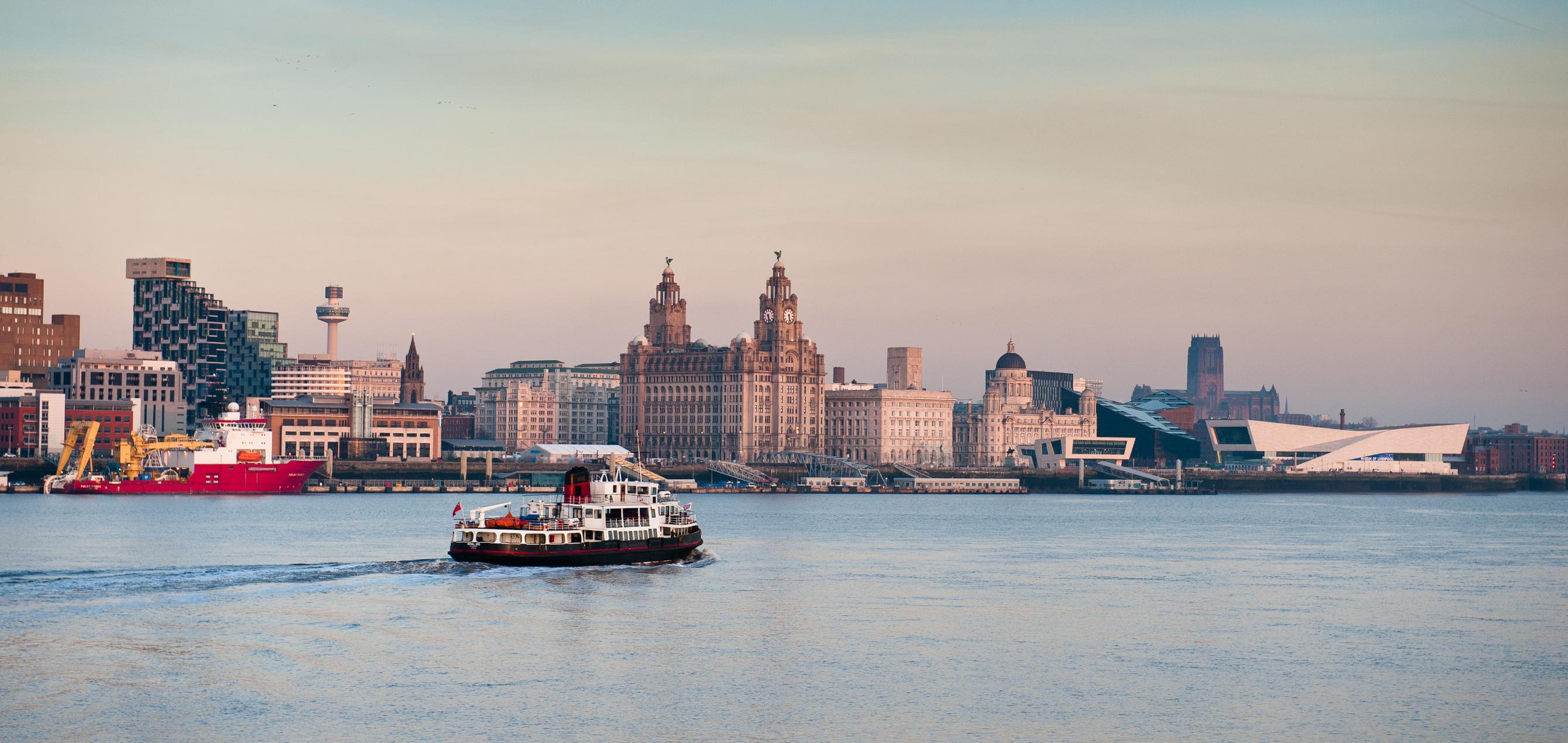 The Mersey Ferry and a view of Liverpool