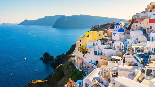 The town of Oia in Santorini overlooking the Aegean sea