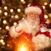 Santa holding a lantern and smiling, with a background of fairy lights