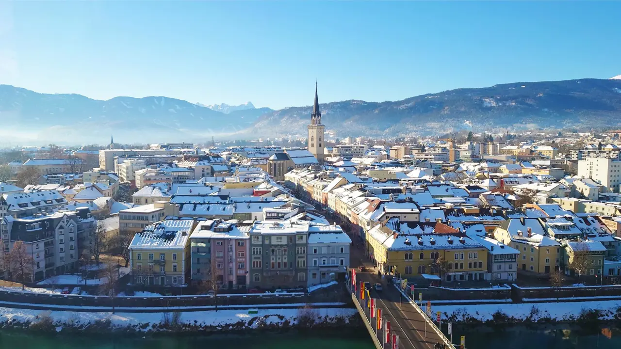Panoramic winter view of Villach, Austria